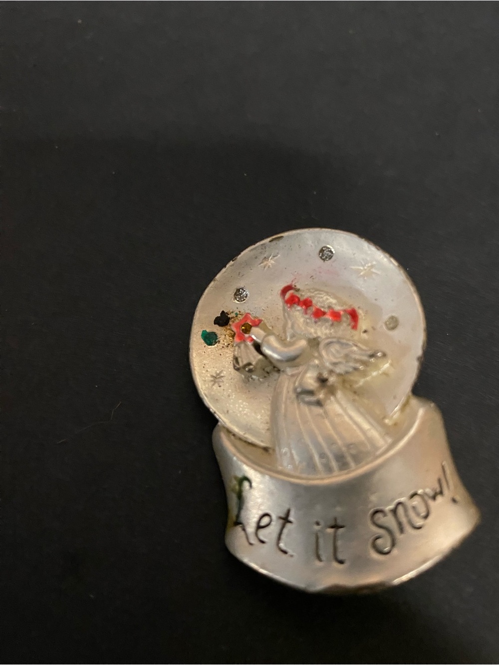 Vintage Let It Snow Silver Angel Snow Globe Brooch
